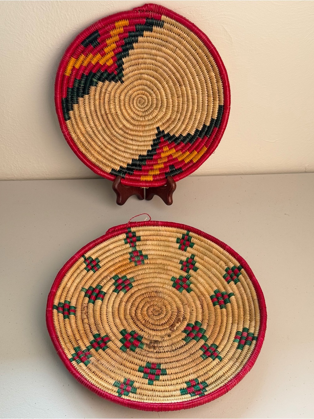 Set of 2 Vintage Kenyan Hand Woven African Basket Bowls 12” Wall Decor Kenya